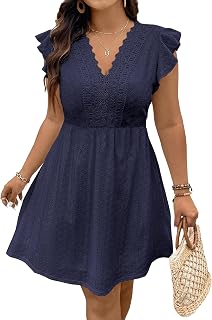 Eytino Plus Size Dresses for Women Summer Ruffle Cap Sleeve Lace V Neck Embroidery Eyelet A Line Dress(1X-5X)