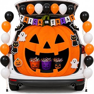 Pumpkin Trunk or Treat Car Decorations Kit, Halloween Trunk or Treat Decorations for SUV with Backdrop, Banner, Ghosts Black Cat Cutouts and Balloons for Halloween Indoor Archway Garage Decor