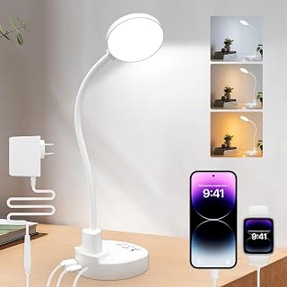 ZAPLIT 15W LED Desk Lamp with USB-A and USB-C - Dimmable, 3 Color Temperatures, 5 Brightness Levels, 4 Timers, 360° Flexible Gooseneck, Eye Protection