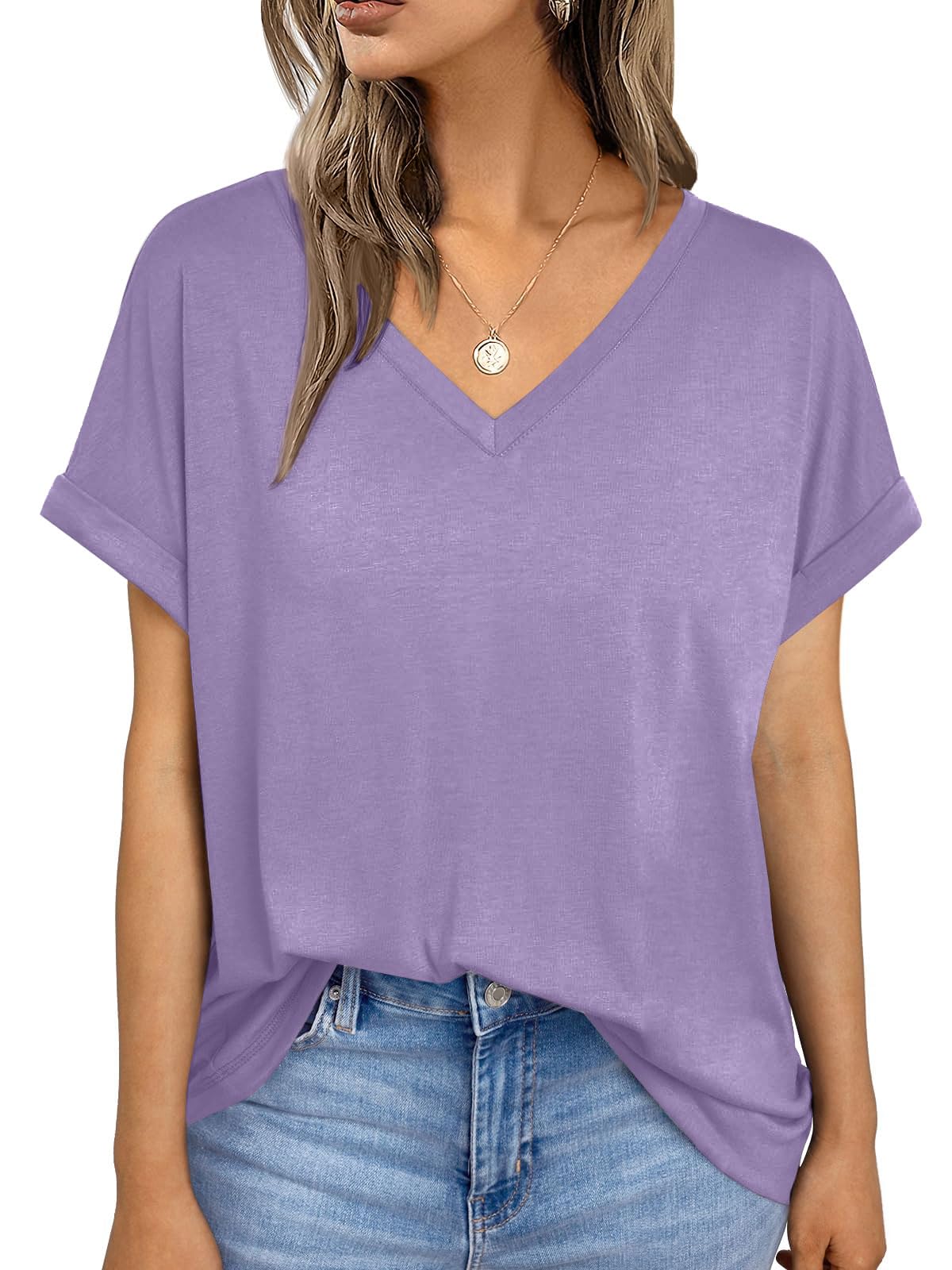 Womens Short Sleeve T Shirts Loose Casual Basic V Neck Summer Tops