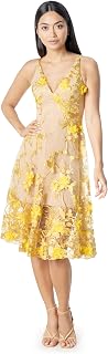 Dress The Population Womens Audrey Spaghetti Strap Midi A-line 3D Floral Dress