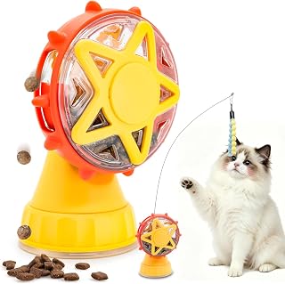 LumoLeaf Interactive Cat Toy for Indoor Cats, Treat Dispensing Puzzle with Adjustable Opening, Suction Cup Base and Teaser Wand, Yellow