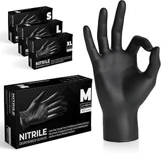 The Real Touch Black Nitrile Multi-Purpose Disposable Gloves, Powder Free, Disposable, Extra Strong - Box of 100 (Black, Med)