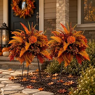 Autumn Harvest Floral Garden Stake Arrangement Fall Flowers, Lush Autumn Flowers & Foliage Create A Full Harvest Display for Porches, Gardens, Planters and Yards (2)