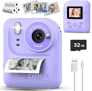 Teslahero Kids Camera Instant Print Photo, Portable Thermal Printing Camera Toy with HD Digital Video, for 3-12 Years Old Boys Girls, Creativity & Learning (Purple)