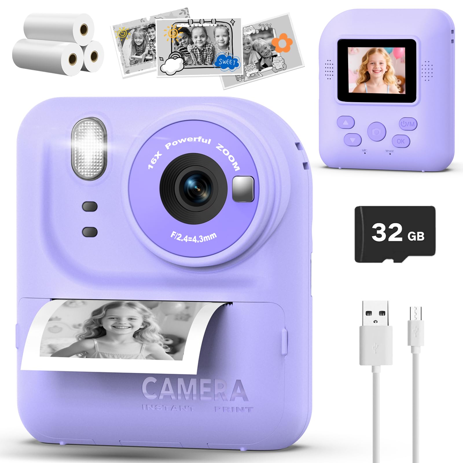 Teslahero Kids Camera Instant Print Photo, Portable Thermal Printing Camera Toy 