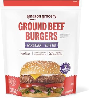 Amazon Grocery, Ground Beef Burgers, 85% Lean, 15% Fat, 32 Oz, 8 Ct, Frozen
