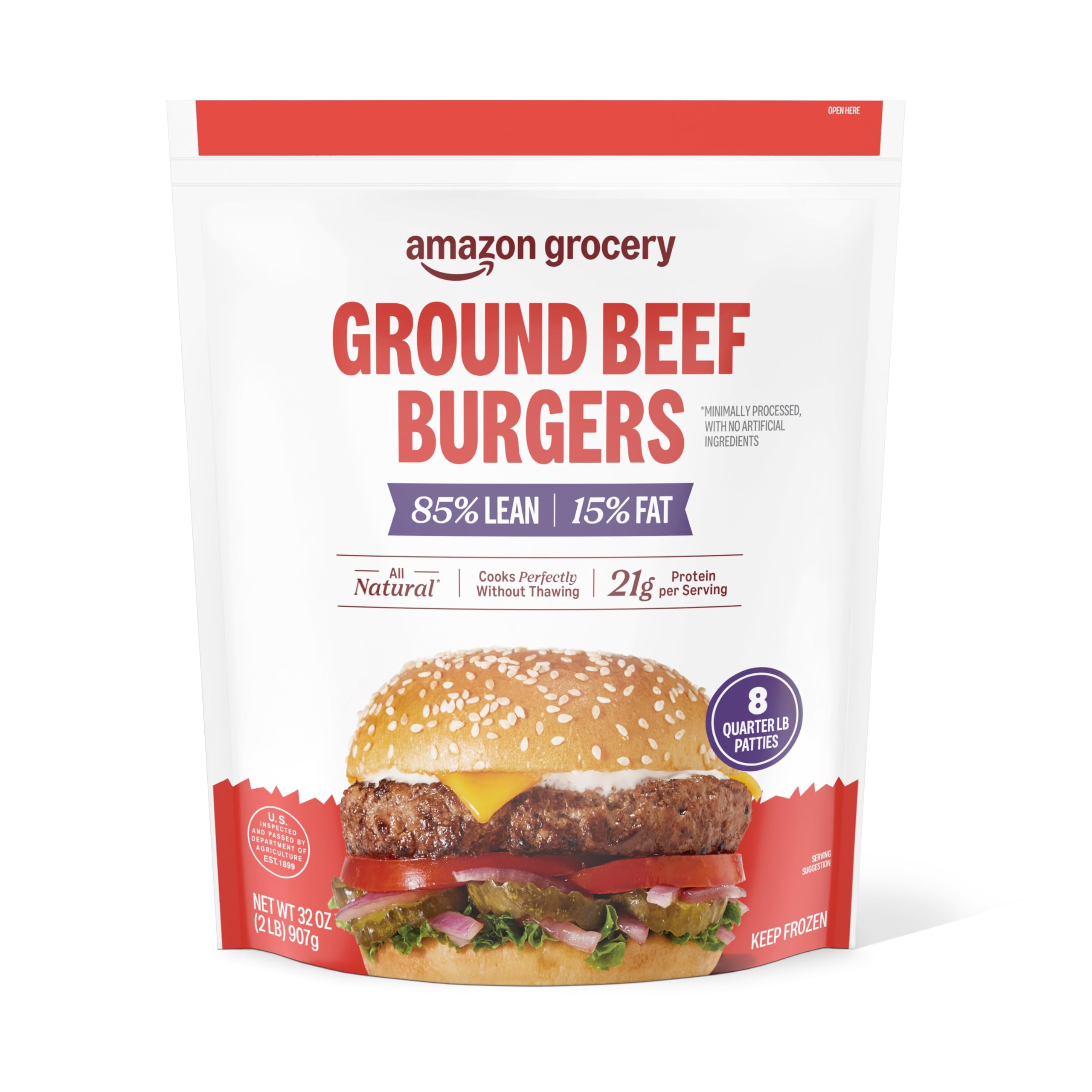 Amazon Grocery, Ground Beef Burgers, 85% Lean, 15% Fat, 32 Oz, 8 Ct, Frozen
