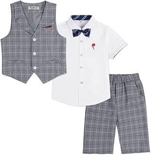 LOLANTA 4 Pieces Children's Short Wedding Suit, Ceremony Clothing Set, Shirt + Trousers + Vest + Bow Tie, 2-13 Years