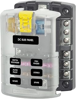 Blue Sea Systems ST Blade Fuse Block, 6 Circuits with Negative Bus | Cover included; 32V DC; 100A per block; accepts ATO/ATC fuses; fuses sold separately