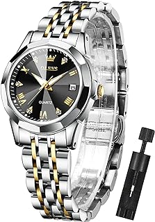 OLEVS Orologio da donna alla moda con diamanti da donna orologio da polso analogico al quarzo in acciaio inossidabile impermeabile luminoso giorno data bicolore, Orologio balck oro da donna, Movimento al quarzo
