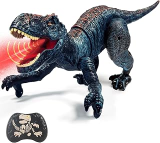 Sunrad Remote Control Dinosaur Toys for Kids Boys 3-5 4-7 8-12 Year Old | Electronic RC Robot Dinosaur with Spray & Light & Roar, Realistic Walking T-Rex Toys Birthday Gifts for Boys Girls (Blue)