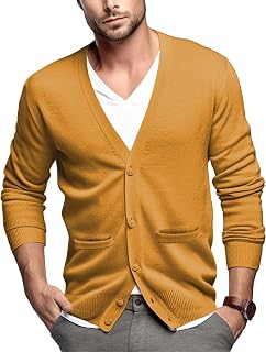 QUALFORT Men's Cardigan with Pockets Button Down Casual Slim Fit V-Neck 100% Cotton