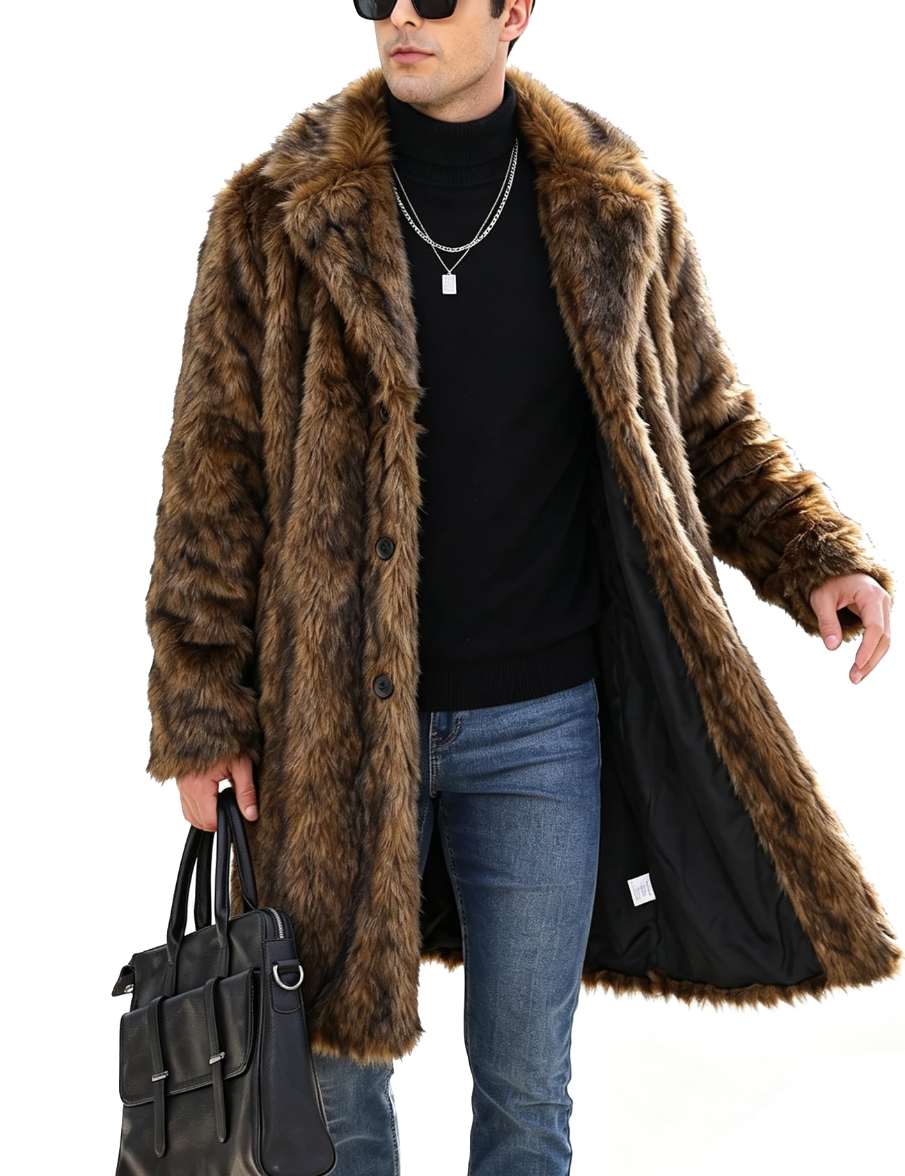 Yimoon Men's Faux Fur Coat Winter Long Faux Mink Thick Trench Coat Business Lape