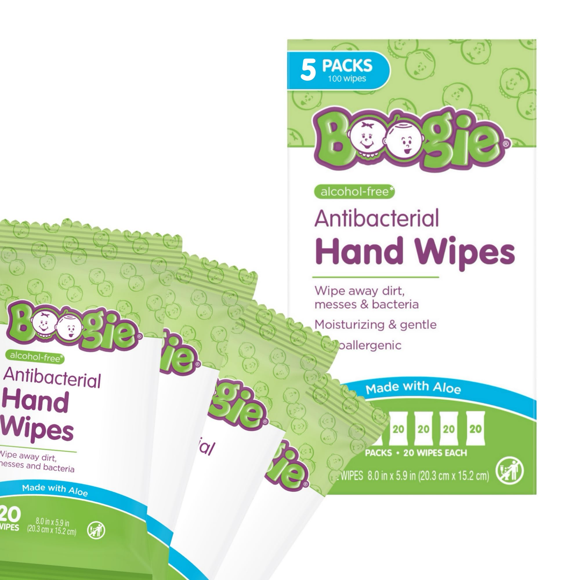 Boogie Antibacterial Hand Wipes - 100 Count | Hypoallergenic & Alcohol-Free, Tra