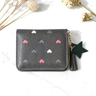 Women Wallet PU Small Zipper Wallet Credit Card Holder Heart Embroidery Cute Star Pendant Wallet with Tassels Gray,4.2*3.2*