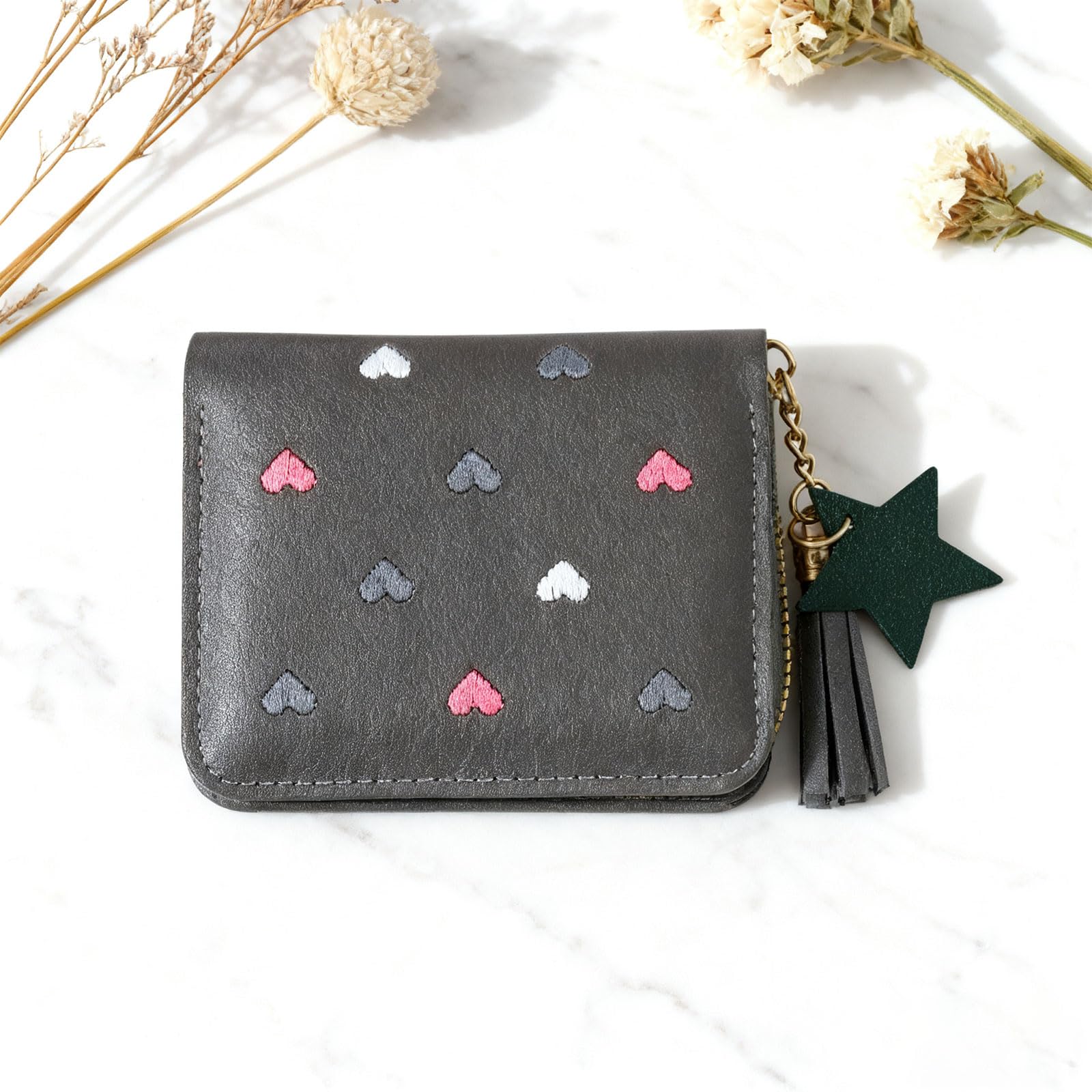 Women Wallet PU Small Zipper Wallet Credit Card Holder Heart Embroidery Cute Sta
