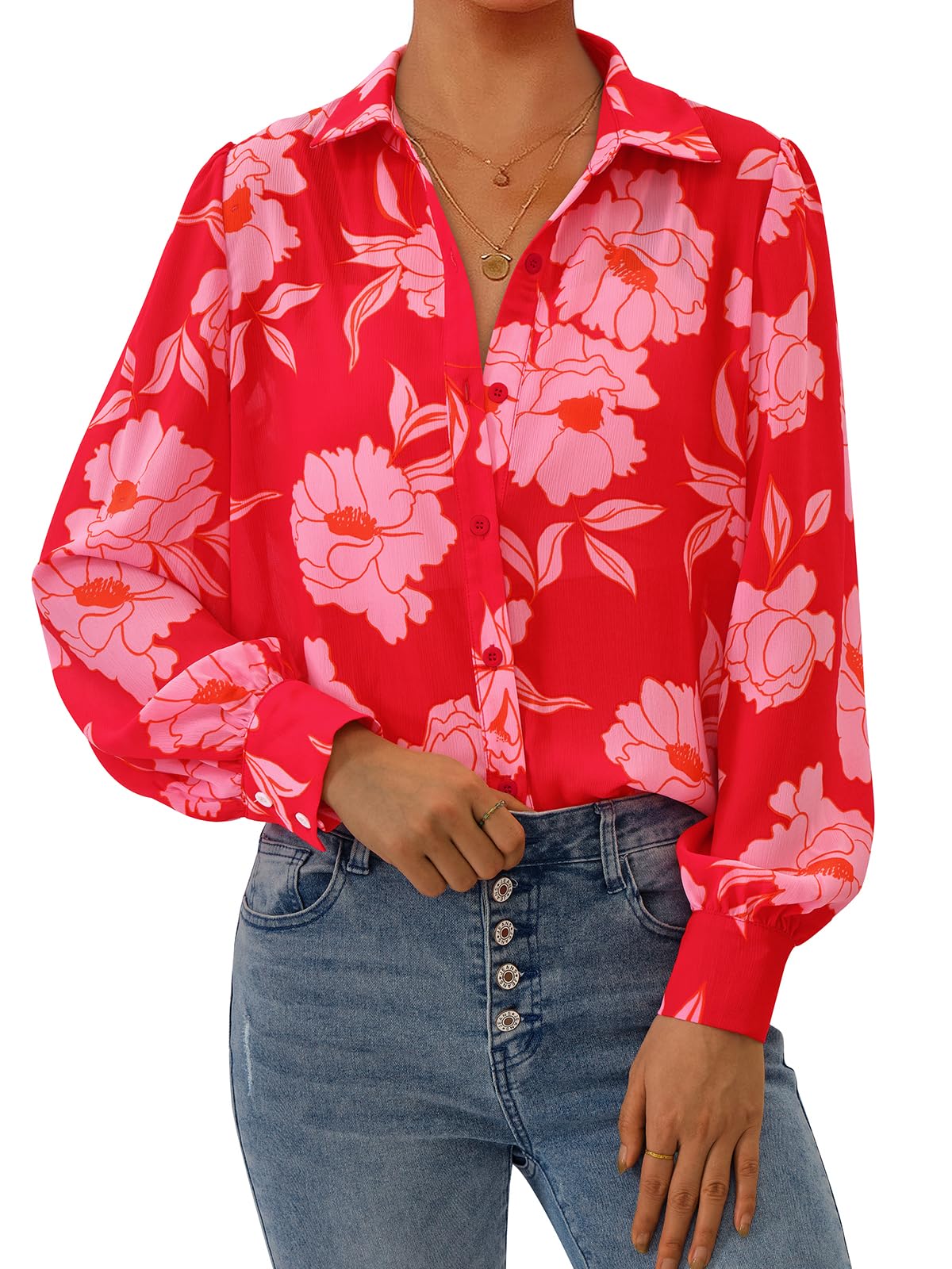 PRETTYGARDEN 2025 Women Floral Blouses V Neck Casual Dress Blouses Long Sleeve C
