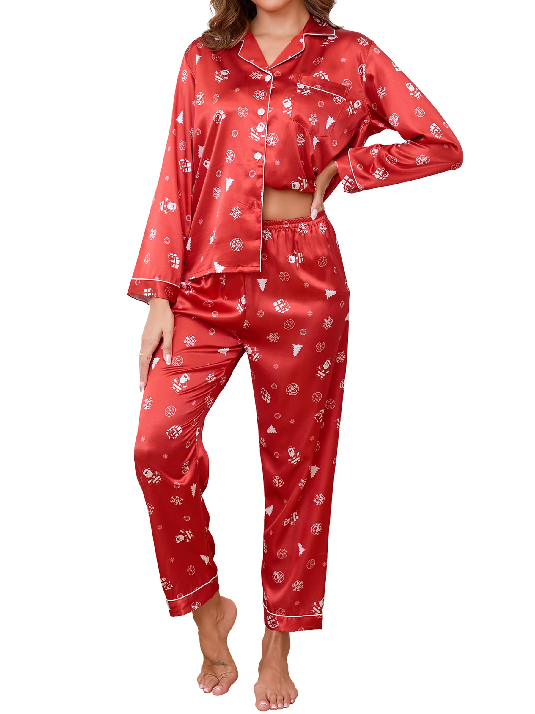 GAESHOW Women's Satin Silk Pajama Set Long Sleeve Button Down Sleepwear Loungewe