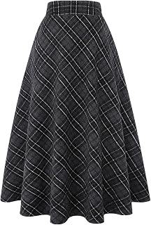 IDEALSANXUN Womens Plaid Wool Skirts Elastic Waist A-Line Pleated Tartan Long Skirts
