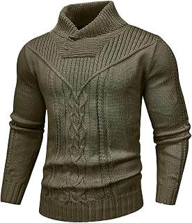 SAVKOOV Men's Shawl Collar Pullover Jumper Casual Button Cable Knit Sweater