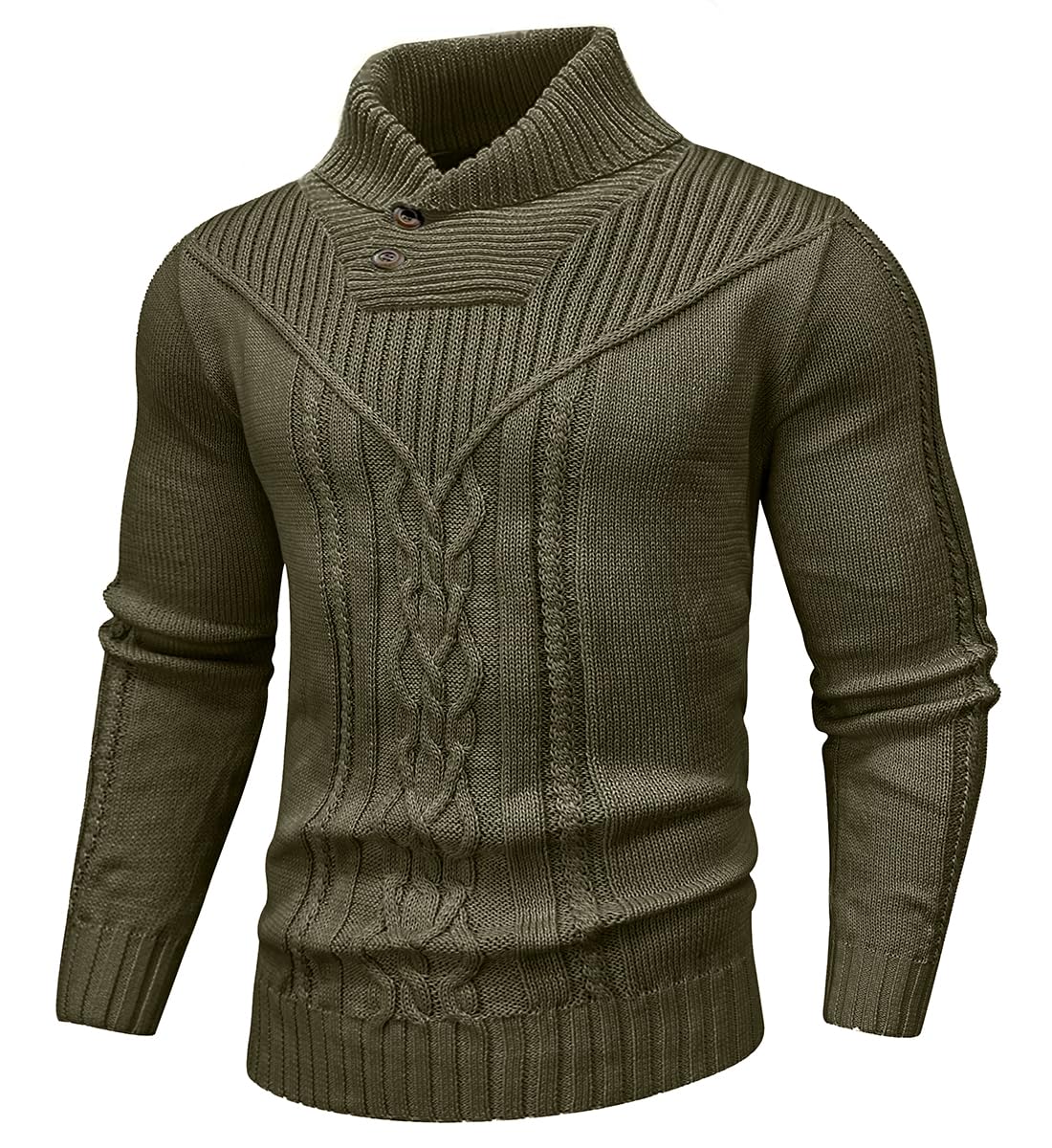 SAVKOOV Men's Shawl Collar Pullover Jumper Casual Button Cable Knit Sweater