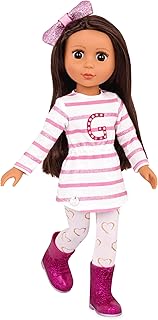Glitter Girls 14-Inch Fashion Doll Sarinia with Tunic, Bow and Boots, Dolls | Poseable doll with long straight brown hair, brown eyes, heart leggings, glitter boots and hair bow outfit, Sarinia, 3+ Years