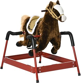 Qaba Kids Spring Rocking Horse Ride on Horse for Girls and Boys Dark Brown | Sounds, Plush Animal Ride-on Toy, Soft Feel, Interactive Toy for Kids