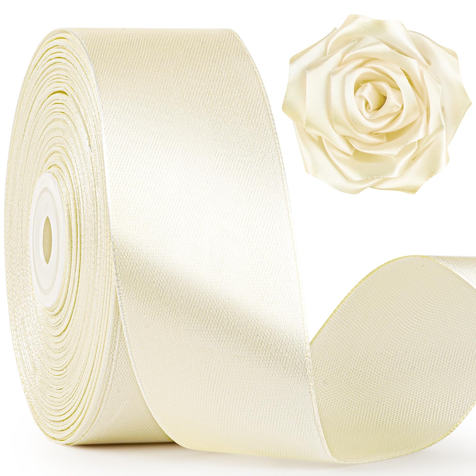 Mauproy Ivory Satin Ribbon, 1-1/2 Inch, 50 Yards | Cream, Beige, Solid Polyester