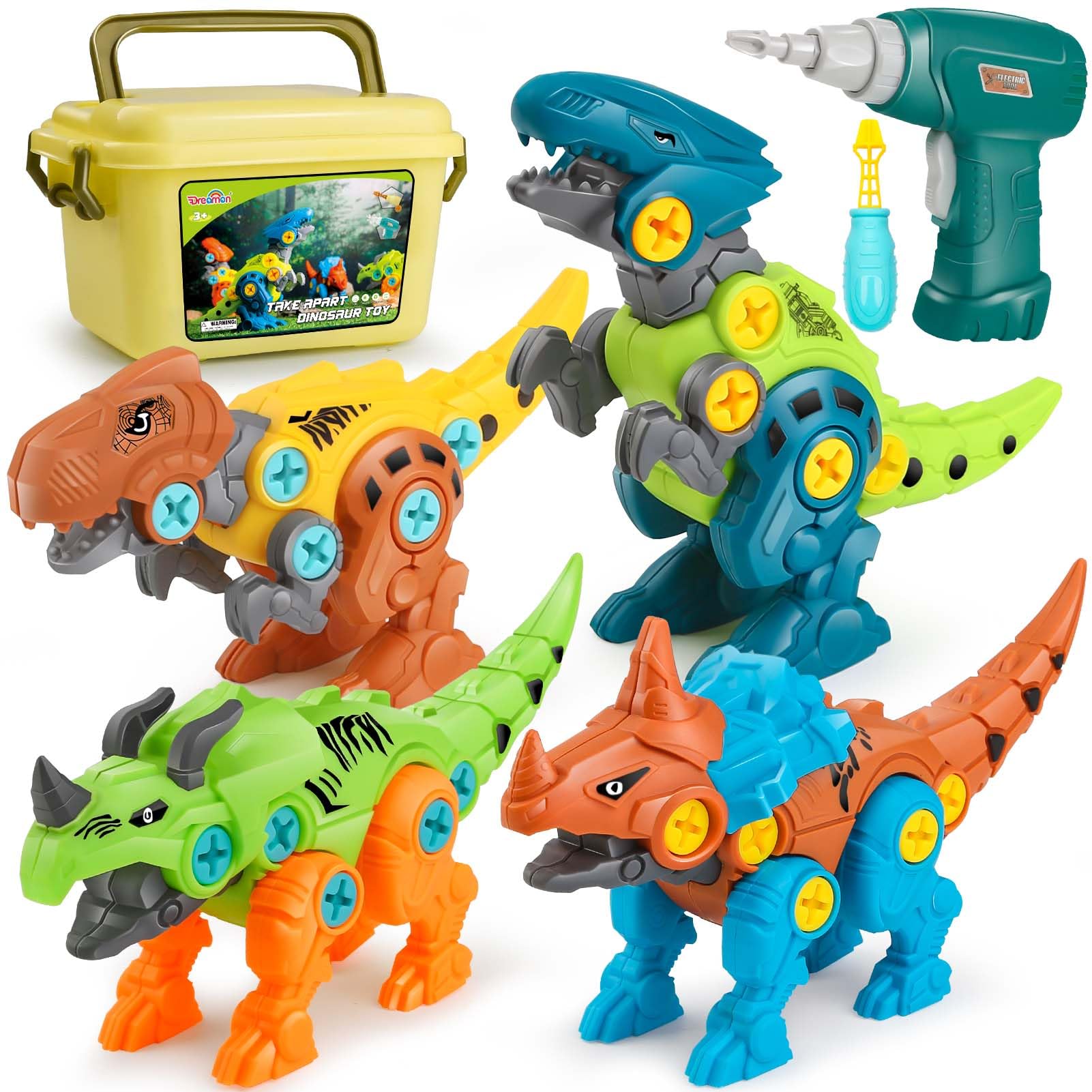 Dreamon Take Apart Dinosaur Toys for Kids with Storage Box Electric Drill DIY Co