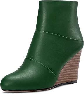 HDEUOLM Women's High Wedge Heel Closed Round Toe Ankle Boots 8.5 cm Heels Slip-on Zip Cute Shoes
