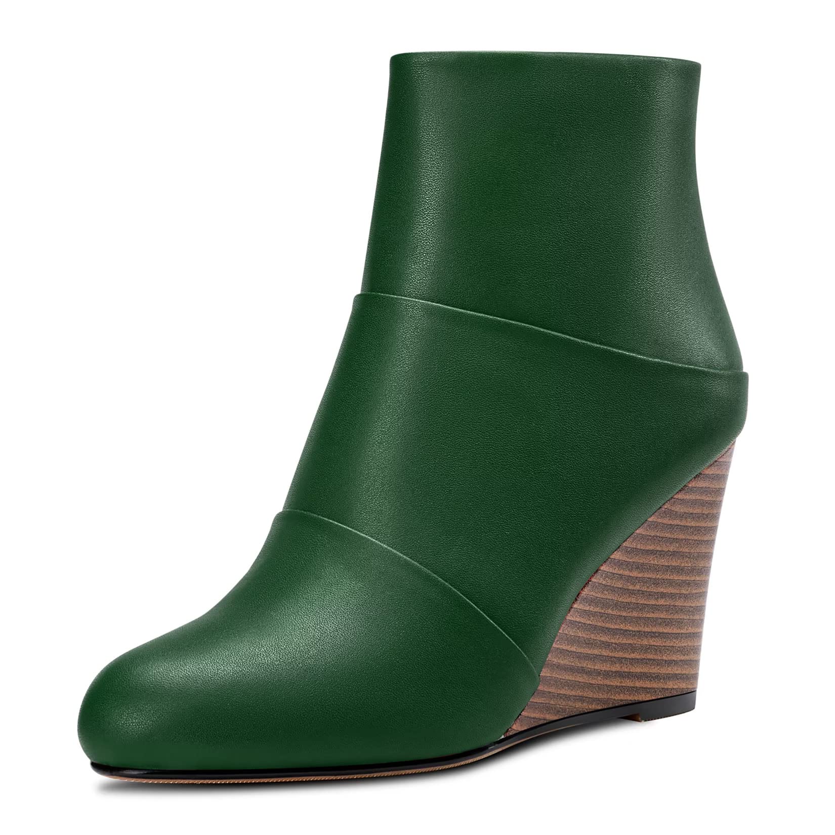 HDEUOLM Women's High Wedge Heel Closed Round Toe Ankle Boots 8.5 cm Heels Slip-o