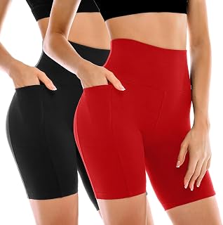 Leafigure 2 Pack Women's Biker Shorts with Pockets High Waist Yoga Running Gym Workout