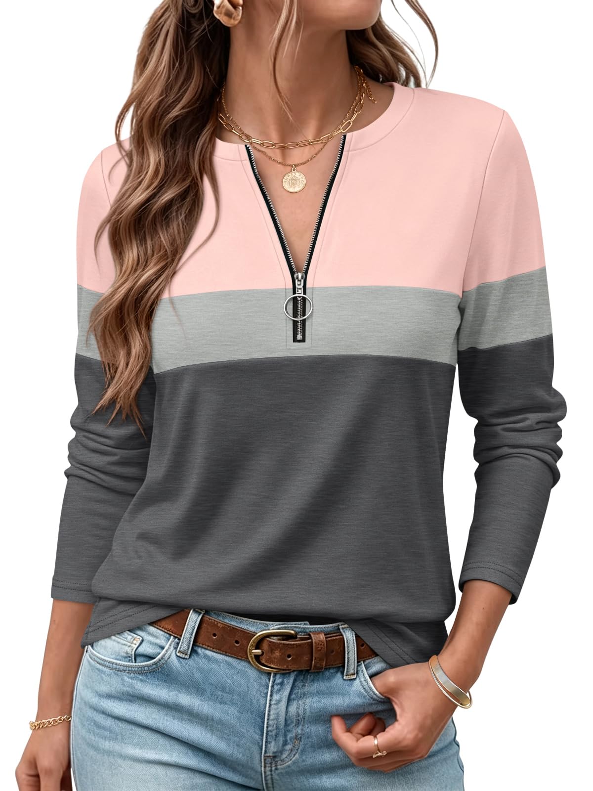ORANDESIGNE Camicie a maniche lunghe da donna con cerniera a blocchi di colore t