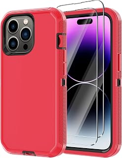 for iPhone 14 Pro Max Case with 2 Screen Protector,Heavy Duty Shockproof Drop Protection Rugged 3-Layer Military Tough Durable Protective Cover for Apple iPhone 14 Pro Max6.7 (Red/Black)