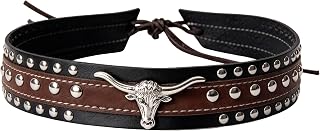 Bandeaux de cowboy en cuir noir pour homme et femme – Bandeau de chapeaux occidentaux avec tête de taureau argentée