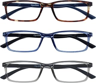 OPULIZE SEE Reading Glasses with Blue Light Blocking for Women and Men, Narrow Frame, Spring Hinges, Computer Gaming Glasses, Brown,Blue,Grey +2 (Pack of 3)