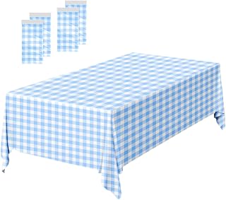 4 Pack Light Blue Gingham Tablecloth 54 × 108 Inch Blue and White Checkered Table Cloth Plastic Rectangle Table Cover for Picnic Birthday Baby Shower Party Gingham Tablecloth Diaposable