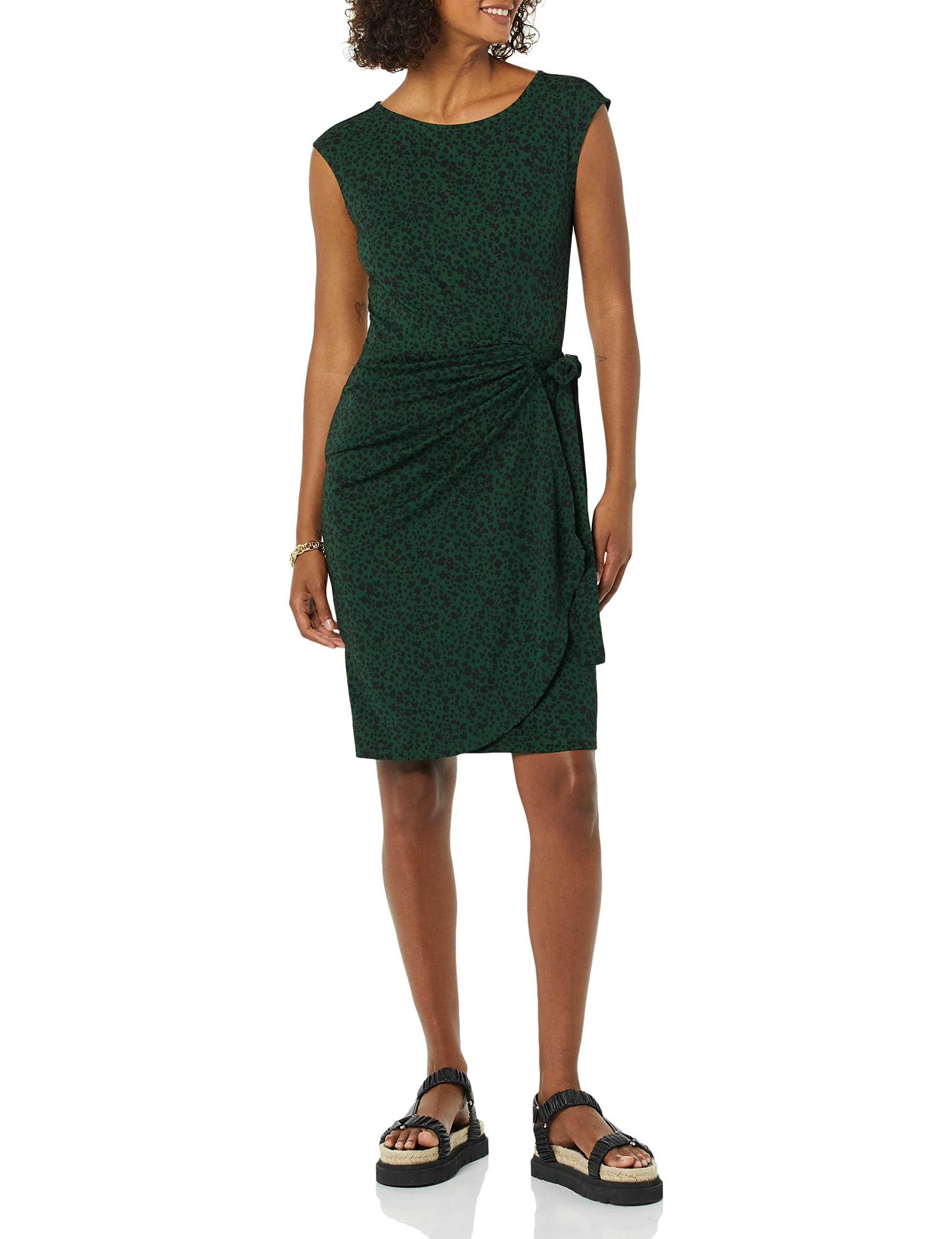 Amazon Essentials Women's Cap Sleeve Boat-Neck Faux Wrap Pleated Matte Jersey Dr