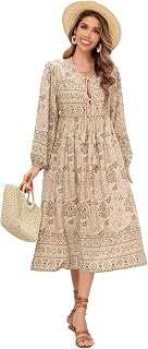 R.Vivimos Elegant Casual Women Bohemian Dress Long Printed Tie Long Sleeve Midi Dress Beach Holiday Dress