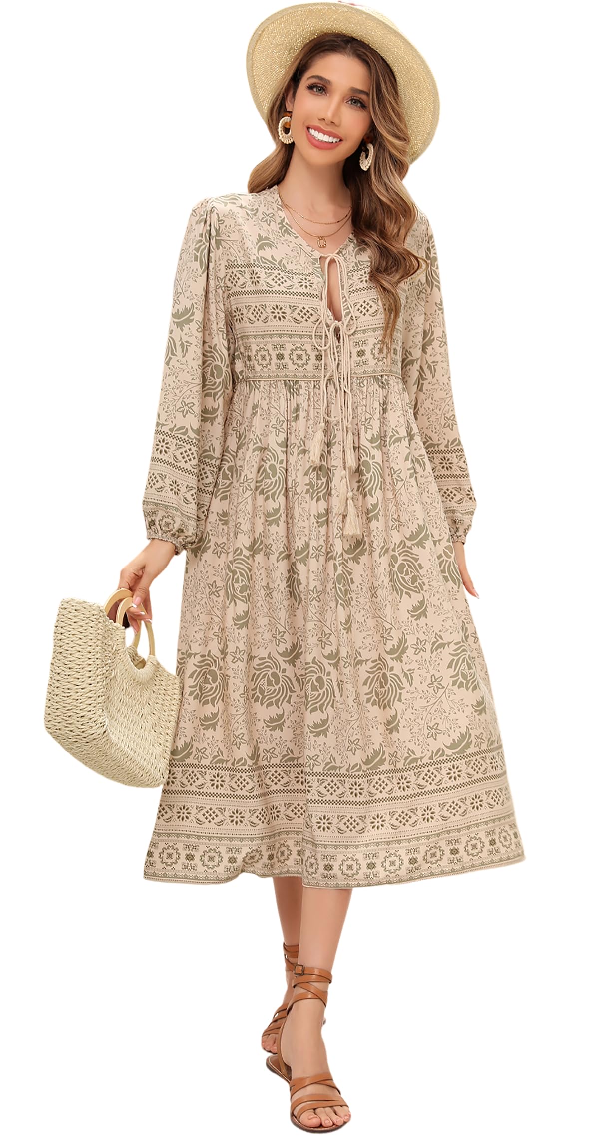 R.Vivimos Elegant Casual Women Bohemian Dress Long Printed Tie Long Sleeve Midi 