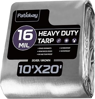 Patiobay Large Tarp 10x20 FT 16 Mil Heavy Duty Waterproof Tarps Silver | 420D Thick Plastic Tarp Brass Grommets Every 23.6", UV Resistant, Tear & Fade Resistant, Reinforced Edges for Pool & Tent Use