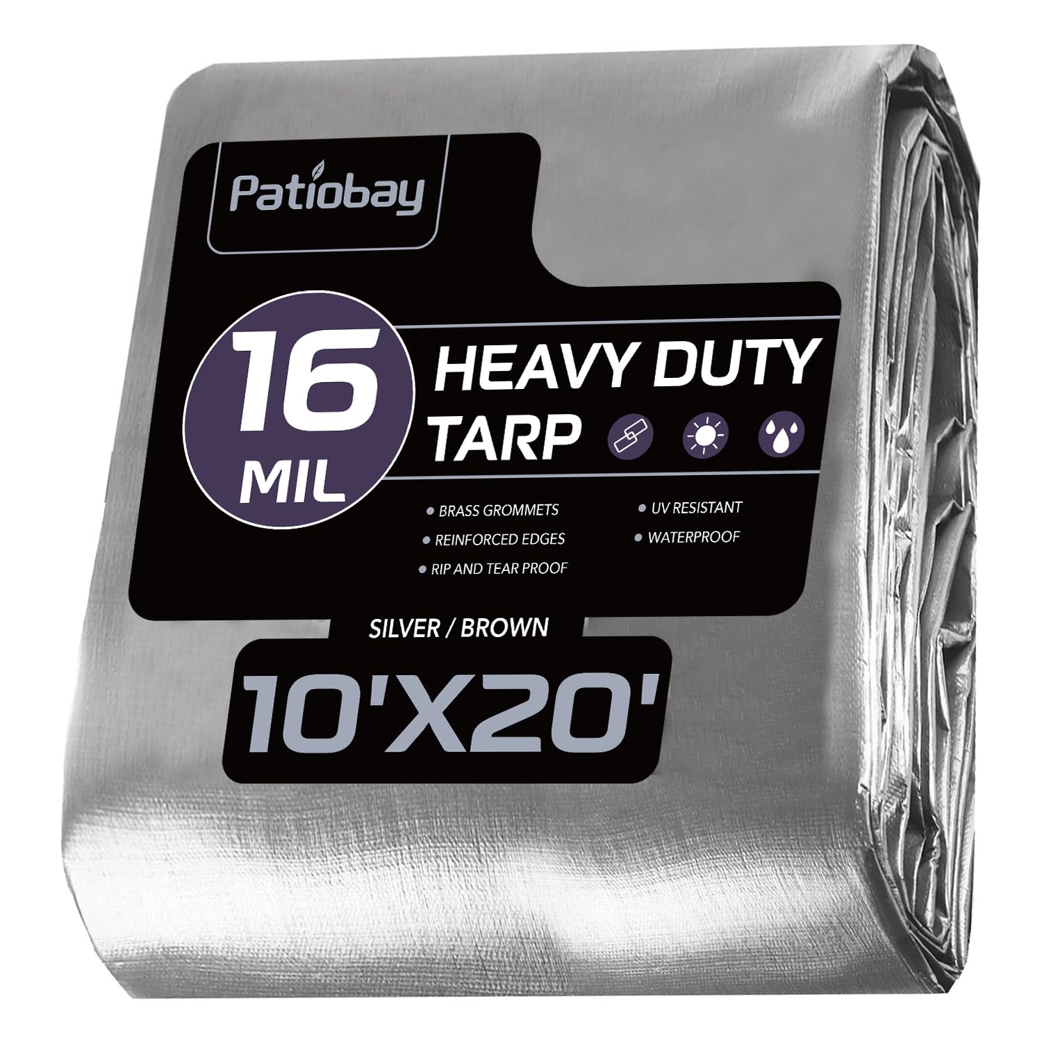 Patiobay Large Tarp 10x20 FT 16 Mil Heavy Duty Waterproof Tarps Silver | 420D Th