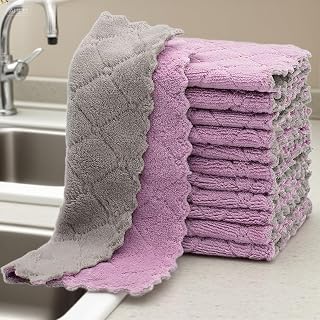 4 Pieces Microfiber Cleaning Towels Double Layer Super Absorbent Coral Velvet Cleaning Cloth Reusable Rag Tools for Home and Kitchen (Purple & Grey)