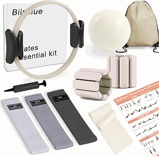 BiirBlue Pilates Kit, Pilates Equipment Home Fitness with 13.5" Pilates Ring and Ball, Fabric Resistance Bands and Ankle Wrist Weights, Beginners-Friendly with Workouts, Gifts for Women