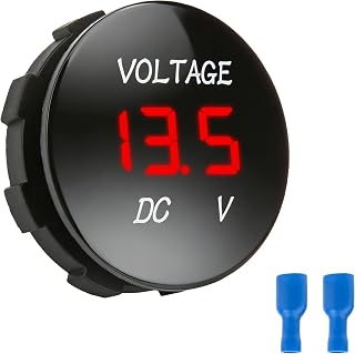 DC 12V 24V Volt Meter, Car LED Digital Voltmeter Gauge, Voltage Display | Mini Waterproof Round Panel Voltage Gauge Meter, Battery Voltage Meter for Car Motor Truck Marine Boat (Red)