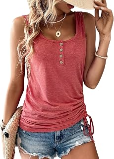 Women Summer Sleeveless U Neck Tank Tops Casual Loose Button Up Henley Shirts
