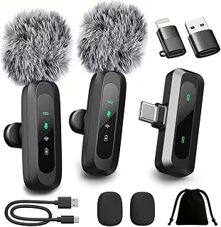 AXUAXU 2026 Upgraded Mini Wireless Lavalier Microphone with LED Display, USB-C Clip-on Mic for iPhone, iPad, Android, PC, Small Lapel Mic for Recording YouTube Video Podcast Vlog, with 4X windscreens