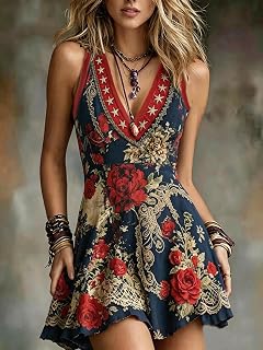 Women's Boho Floral Print V Neck Sleeveless A-Line Dress, Navy Red Rose Casual Mini Dress