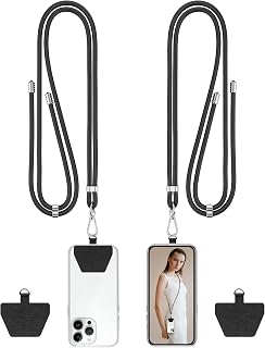 COCASES Crossbody Phone Lanyard with Tether, iPhone Strap for Hanging Anti-Theft Phone Chain for Neck Keychain with Patches Compatible with Most Smartphones, 2 Pack, Black*2